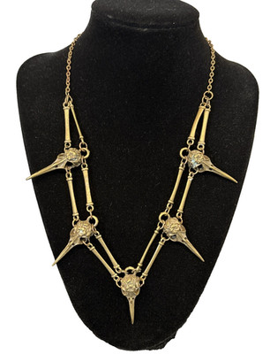 Crow Raven Bird Skull 18'' Necklace Statement Choker Gothic Macabre Brass Tone