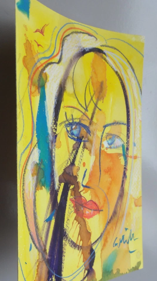 GERRY MILLER. Aquarell. Ohne Rahmen. 15x21cm. Gesicht. Gelb. - Bild 2 von 3