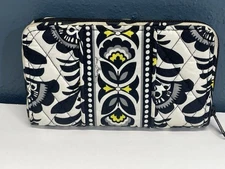 Vera Bradley Zip Around Wallet Black White Quilted Floral Yellow Organize *pics