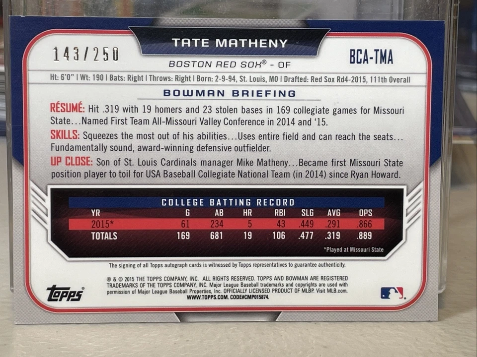 Tate Matheny 2015 Bowman Chrome Purple Refractor Auto /250 #BCA-TMA Boston Red - Image 2 of 2