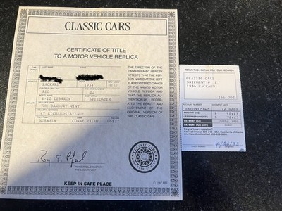Danbury Mint 1934 Packard V-12 Lebaron Speedster Title, Instructions, & Receipt