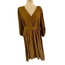 Golden Olive Green V Neck Wrap Dress Plus Size 2X Forest Fairy Work Office Boho