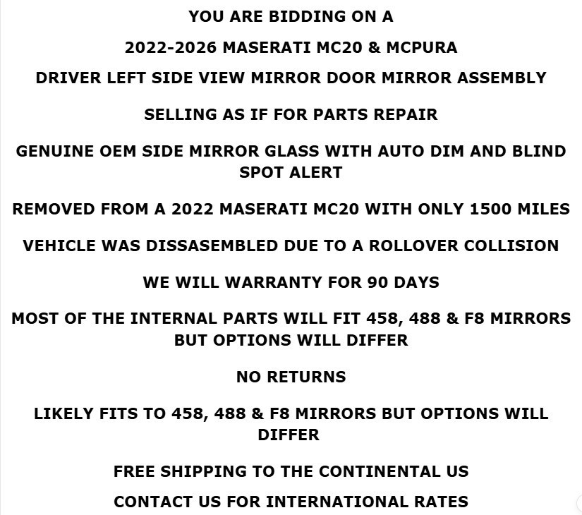 2022-2026 Maserati MC20 MCPura Left Side View Mirror Auto Dim Blind *For Parts*