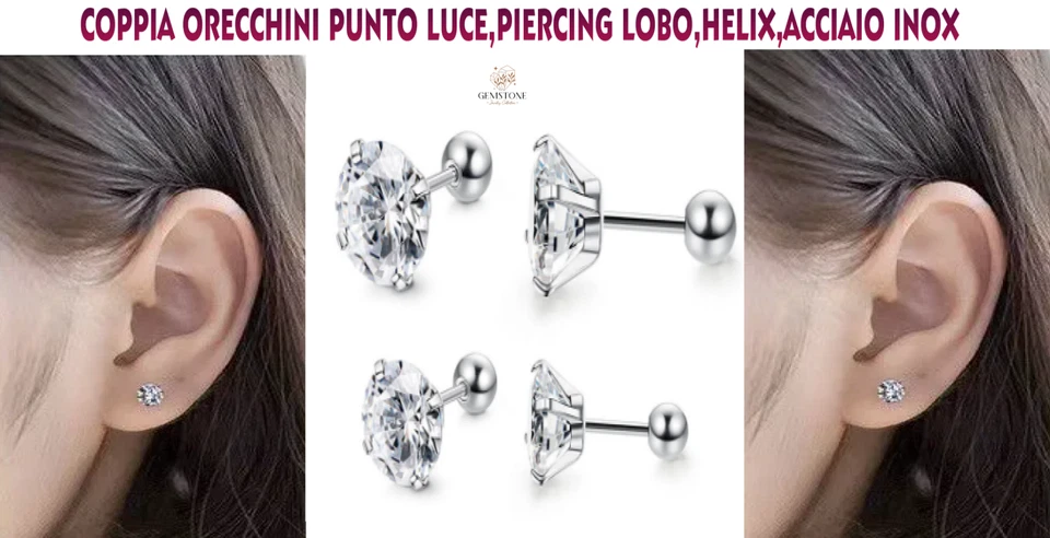 orecchini punto luce lobo helix piercing acciaio inox barra dritta argento - Immagine 2 di 4