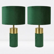 Pair of Modern Green Velvet Table Lamp Bedside Lamps Retro Velour Design Light