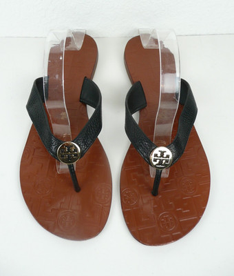 Tory Burch Thora Tan Tumbled Leather Gold Logo Flip Flop Thong Sandal Size 9