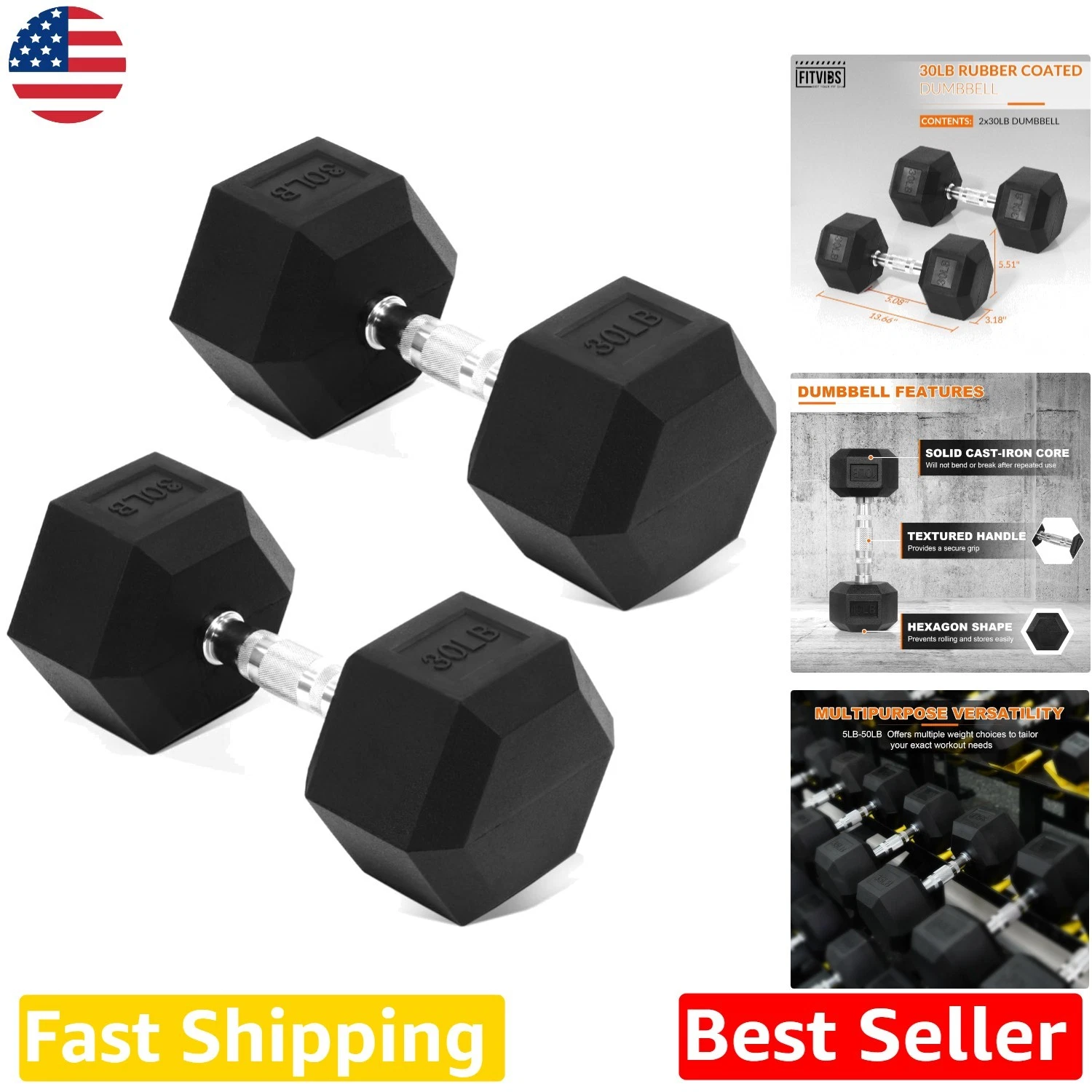 30 lb Hex Dumbbells Set Rubber Coated Solid Iron No-Roll Design