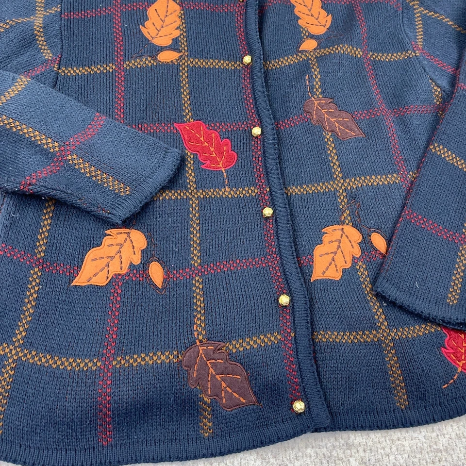 Cárdigan Suéter Vintage Cristal Kobe Mujer XL Azul Tejido Hojas Otoño Abuela Boho Foto 4 de 4