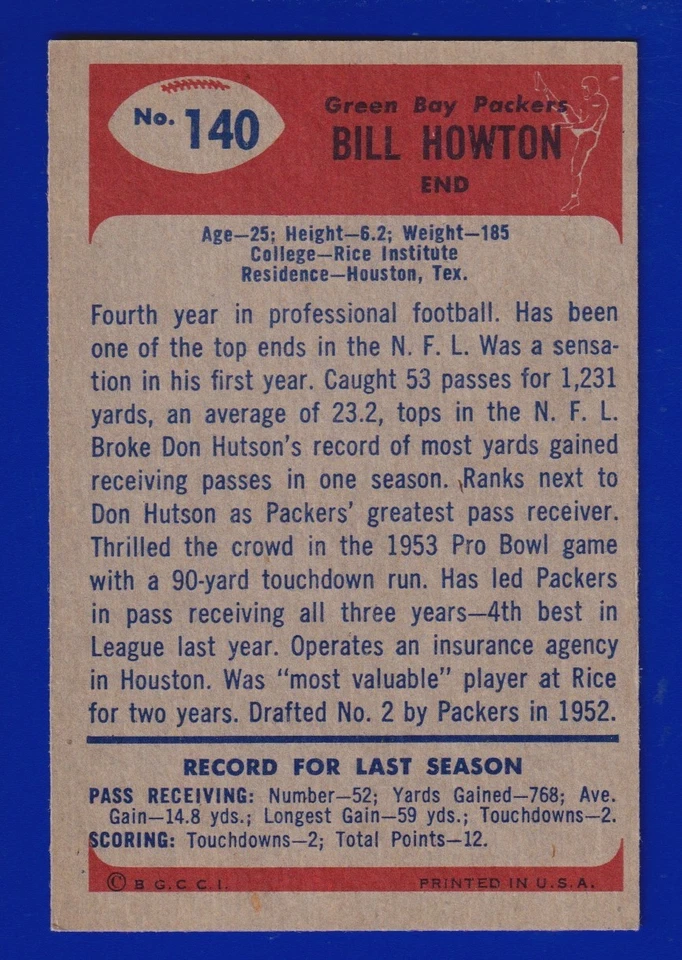 BILL HOWTON packers 1955 BOWMAN #140 EXCELLENT (OC) NO CREASES - Image 2 of 2
