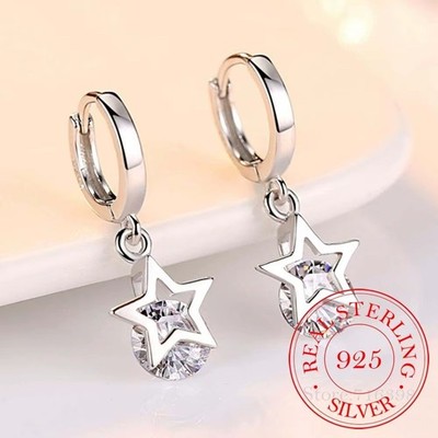 925 Sterling Silber Stern CZ Kristall Tropfen Creolen Huggie Ohrringe Damen Mädchen