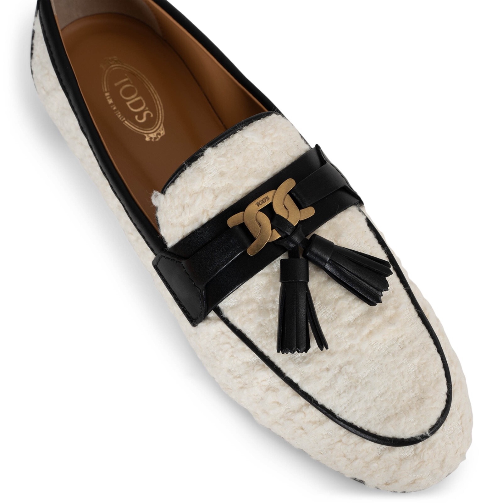 71386 auth TOD'S cream & black TASSLED BOUCLE & LEATHER Loafers Shoes 38.5 image 6