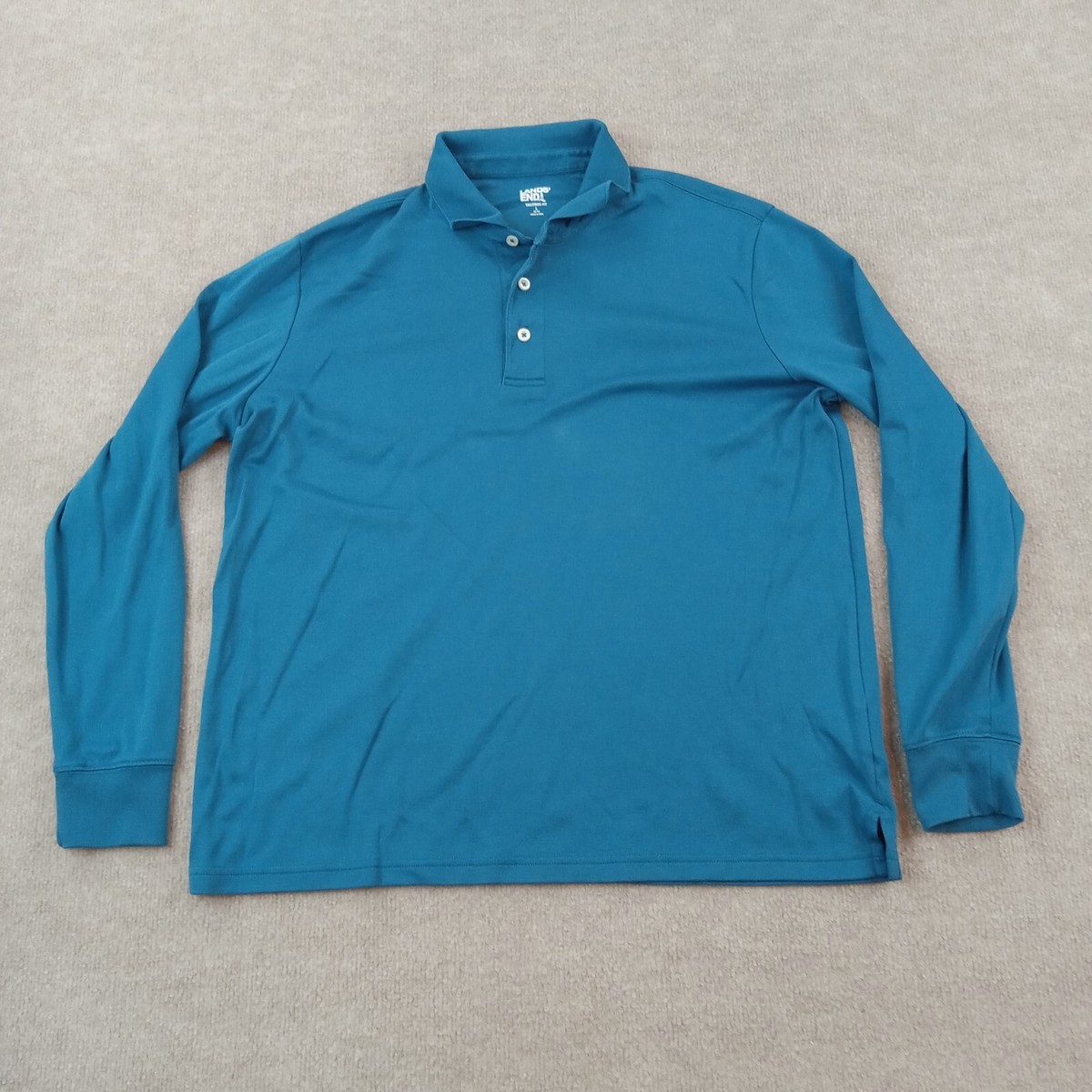 Lands End Polo Shirt Mens Large Blue Long Sleeve Golf Logo Casual 