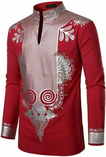 Hot Men Print Shirt African Dashiki Luxury Tribal Metallic Gold Top Blouse Shirt - Picture 4 of 17