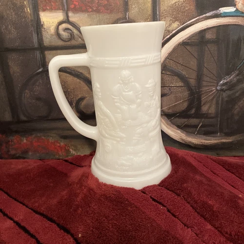 Federal Glass Milk Glass Beer Stein Mug 6" Tumbler Tankard Tavern Scene