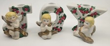 Vintage JOY Bisque Ceramic Angel Taper Candlestick Holders Holiday Decor