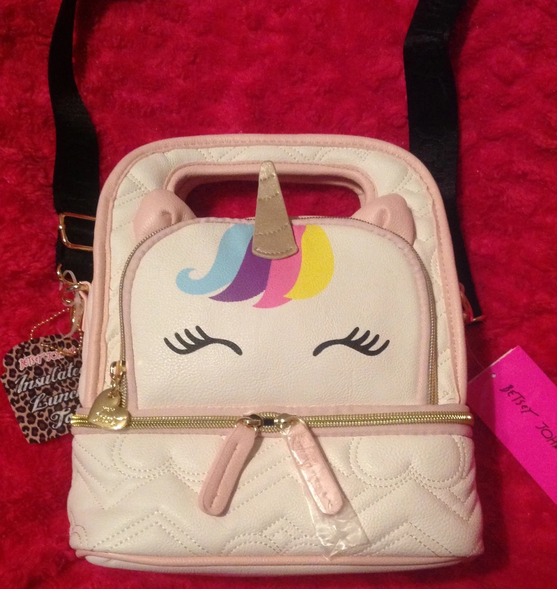 Betsey Johnson Unicorn Pink Lunch Box Quilted Insulated Bag Tote Strap Cream NEW
