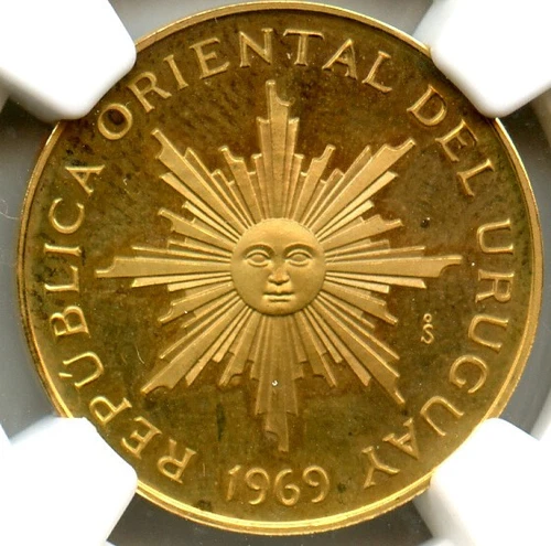 RARE Sunface Gold Pattern, Latin America, Uruguay 10 Pesos, NGC graded PROOF-65