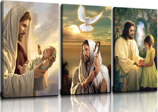 3Pcs Jesus with Children Canvas Wall Art Christian Kids Room Canvas Wall Decor J