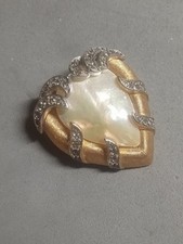 Vintage Crown Trifari Gold Tone, Faux Pearl, Rhinestone Heart Brooch. 1 1/2