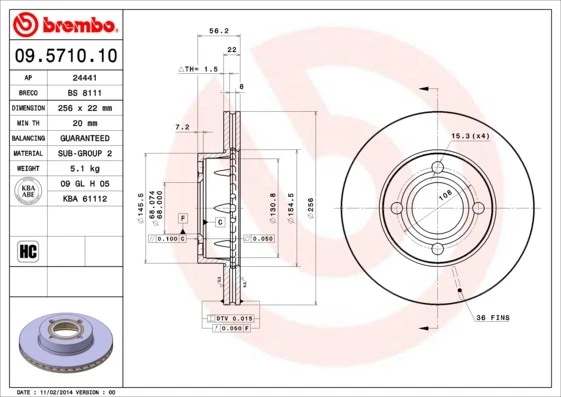 2x BRAKE DISC 09.5710.10 FOR AUDI 3A/6A/ABK/ACE/ABT/AAD 2.0L DZ/DS/JV/SF 1.8L 80 - Image 2 of 4