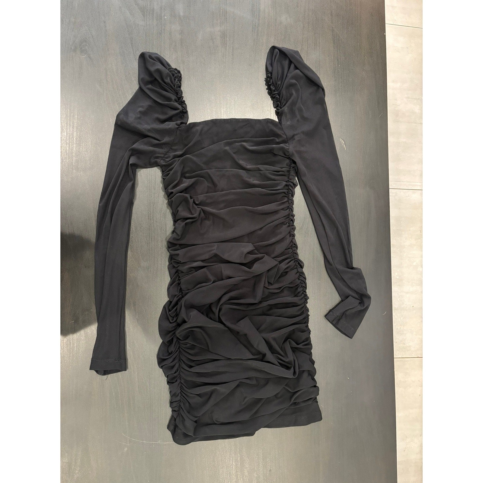 Black Ruched Bodycon Mini Dress Long Sleeve Square Neck Puffed Shoulder XS