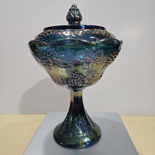 Indiana Carnival Glass Compote Candy Dish Lid Iridescent Blue Harvest Grape VTG