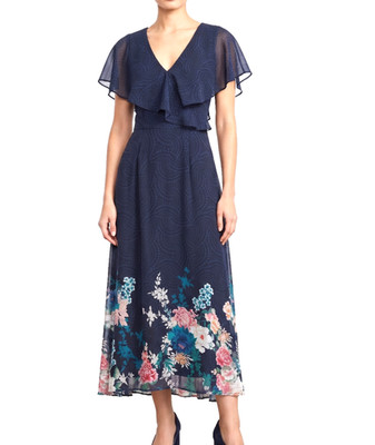 Navy Floral Fit Flare Mock Wrap Midi Dress Sz 8 Tie Back Romantic Wedding Guest