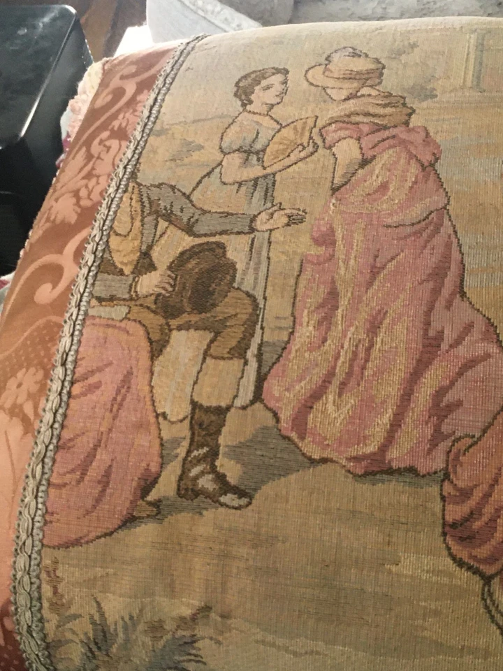 VINTAGE TAPESTRY  PILLOW COURTING COUPLES  17"BY25" GIMP FRINGE ENDS STUNNING - Image 3 of 4