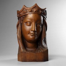Antique 19th Century Ecclesiastical Gothic Carved Wood Head Of The Madonna