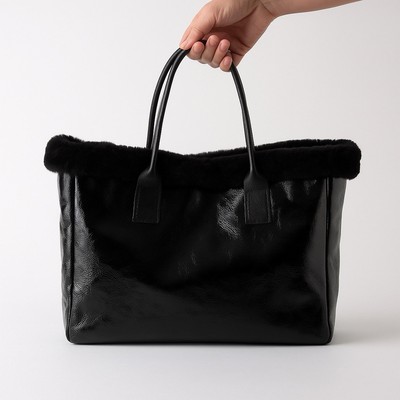 Laura Di Maggio Italy Patent Leather & Shearling Tote Bag Black Crinkled Enamel