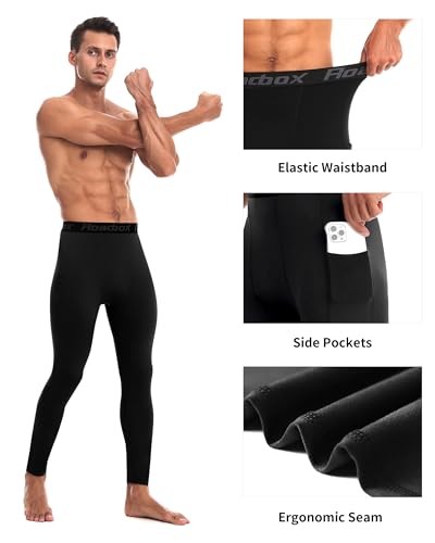  Men's Thermal Compression Pants, Fleece Lined Running Tights with Medium Black