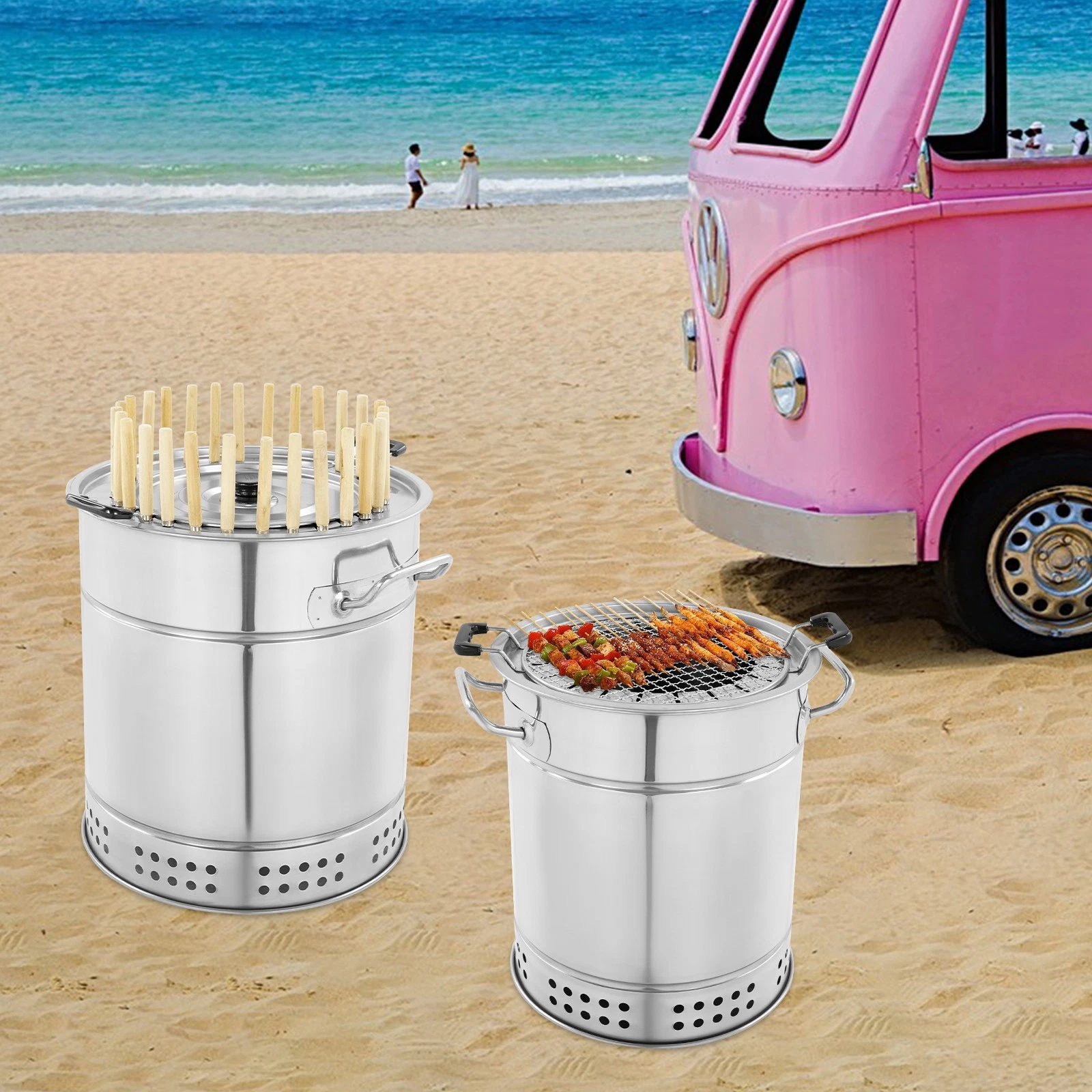 Portable BBQ Charcoal Grill Barbecue Grill Cylinder Grill with 20/28 Skewers