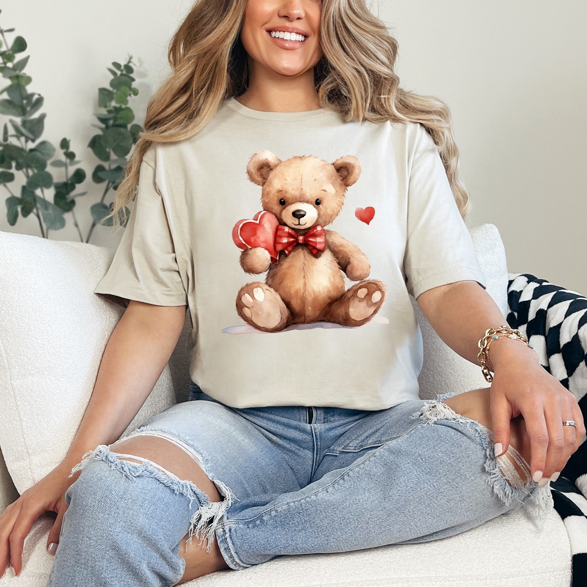 Oso de peluche con corazón rojo para mujer camiseta hilada en anillo regalo de San Valentín para ella