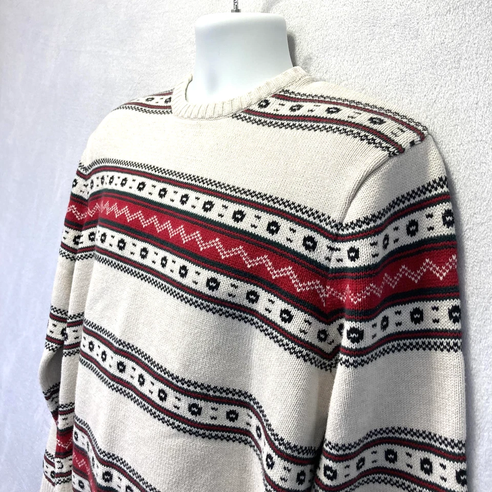 Chaps Fair Isle Holiday Sweater Mens Large Cream Cotton Crewneck Red Black Knit - Image 4 of 4