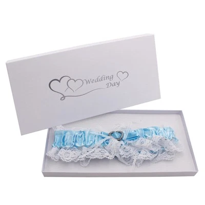 Boxed Wedding Day Garter Blue Satin with White Lace and Diamante Heart - Image 1 of 4