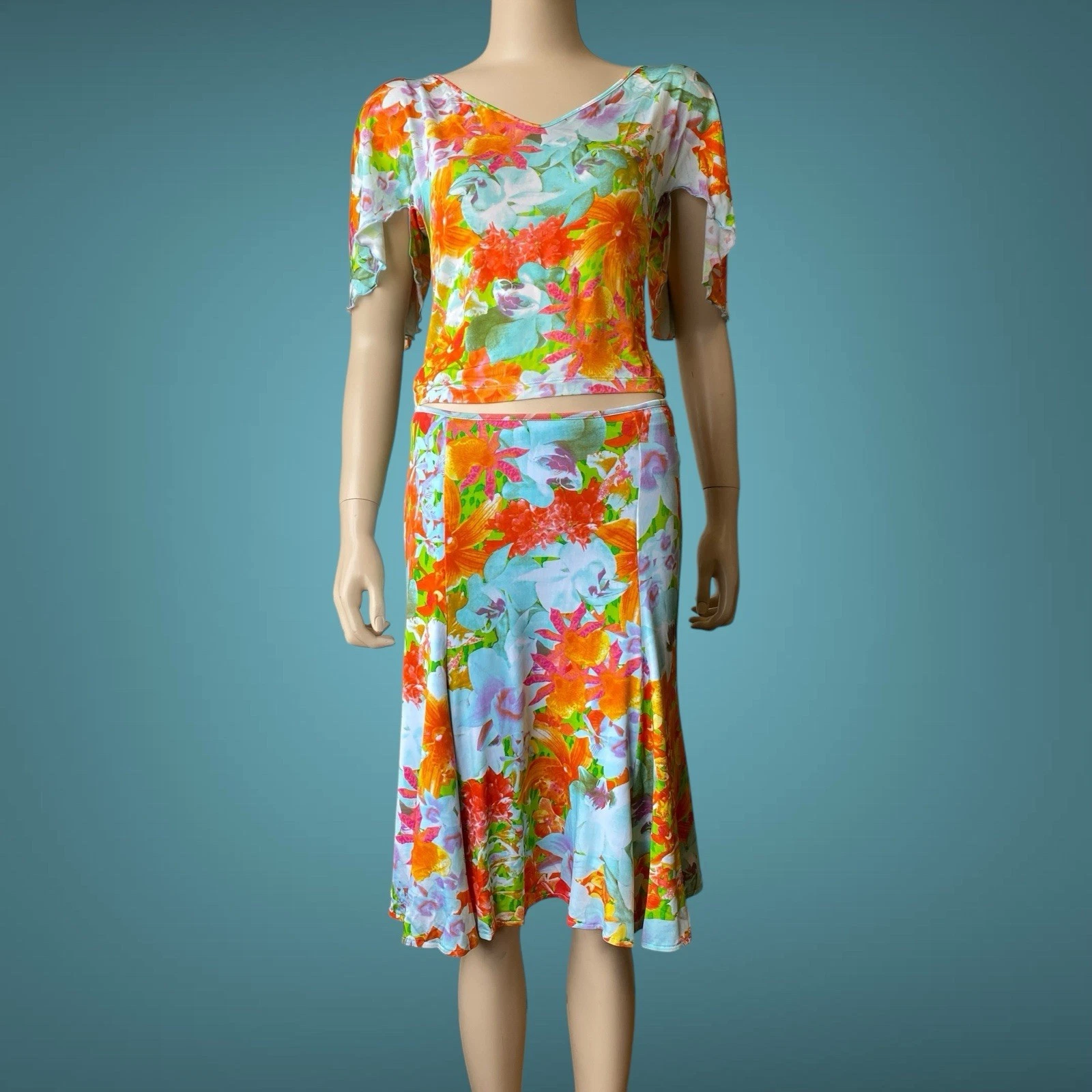 NUOVO Versace Jeans Couture SS 2006 abito floreale set camicetta + gonna taglia 44 M L