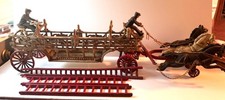 Large 33" Cast Iron Horse Drawn Fire Wagon Toy 3 Horses 3 Ladders 2 Drivers
