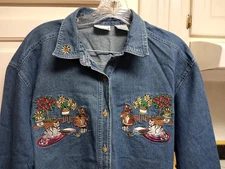 Vintage Women's Bobbie Brooks Embroidered Cats Books Denim Shirt~L/S ~Size Large