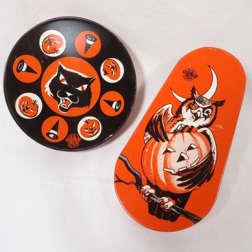 2 Vintage Halloween Noisemaker Ratchets Owl Black Cat US Metal Toy