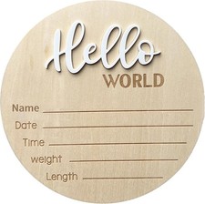 Baby Announcement Sign,  5.9 Inch Wooden Hello World Newborn Welcome Sign, Birth
