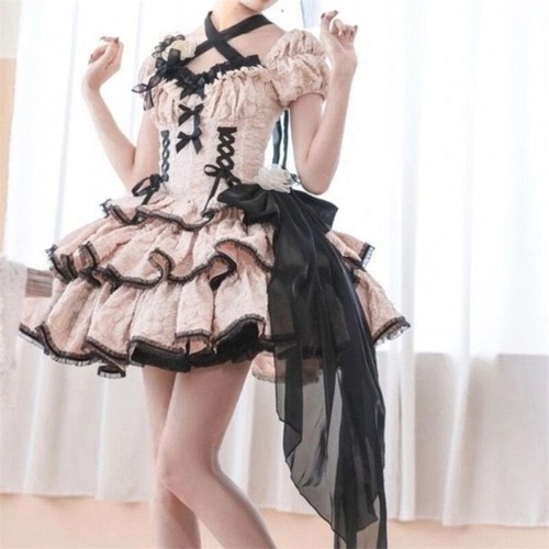 Vestido Gótico Princesa Mujer Japonesa Lolita Cintura Alta Volantes Cinta Lazo - Imagen 4 de 14