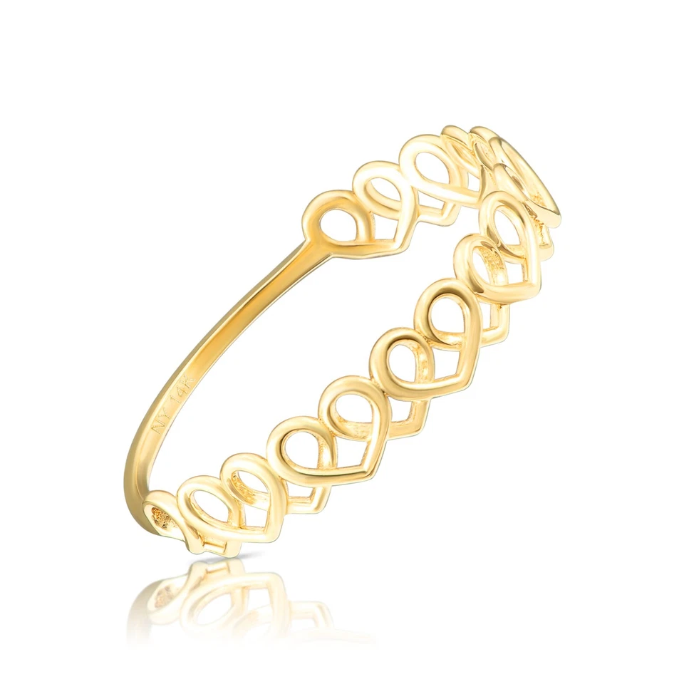 14K Real Solid Yellow Gold Dainty Heart Link Minimalist Braided Band Ring - Image 3 of 4