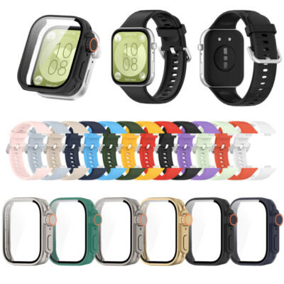 Für HUAWEI Watch Fit 3 Silicone Watch Strap / PC Tempered Glass Watch Case Cover