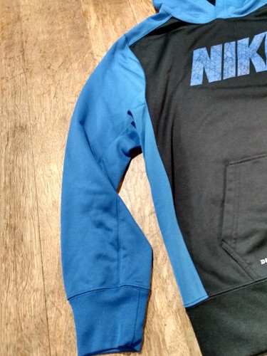 Nike Sweatshirt Youth XL Black & Blue Dri Fit Hoodie Swoosh High Neck Pullover - Picture 4 of 10