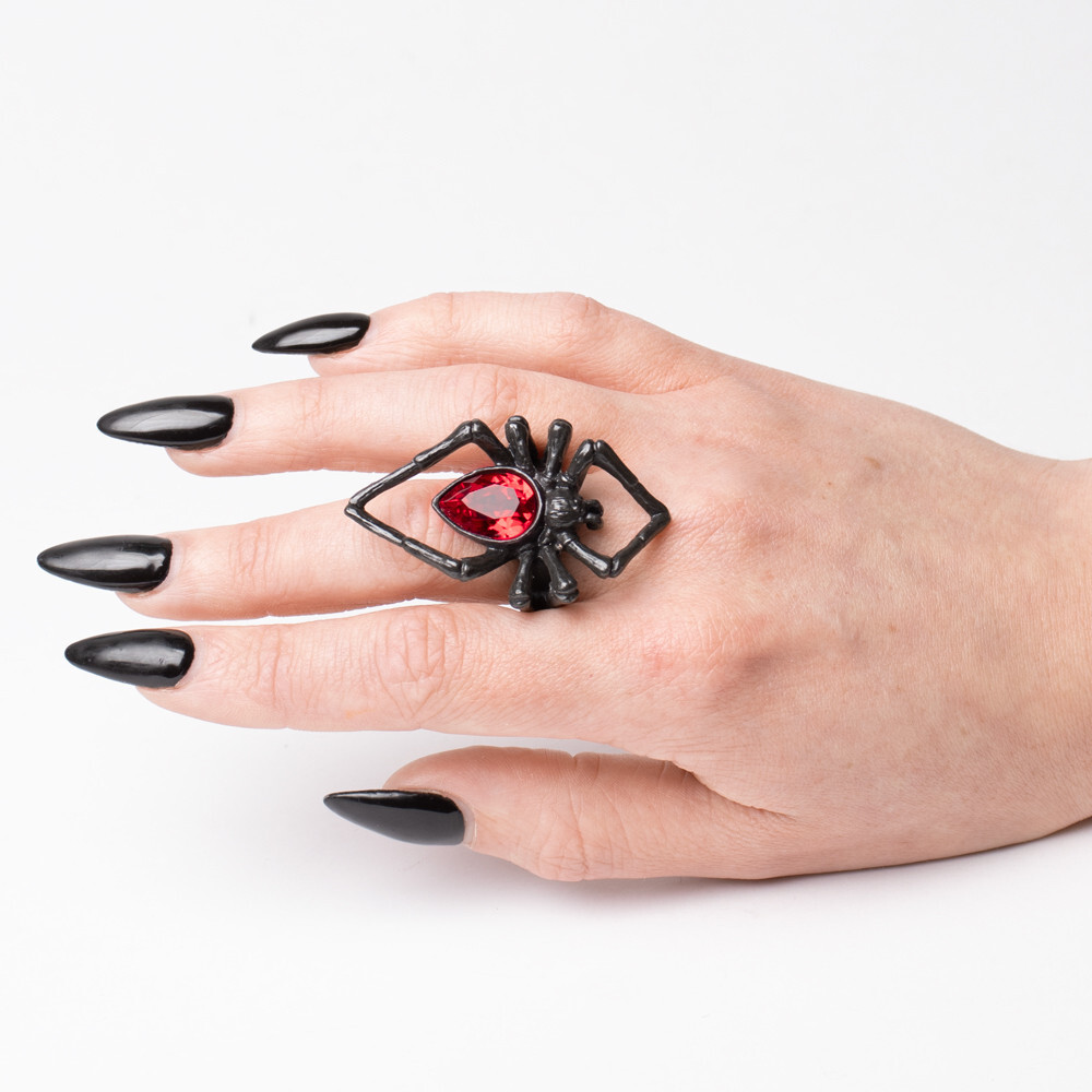 Alchemy Gothic Red Crystal Venom Black Widow Poison Spider Ring