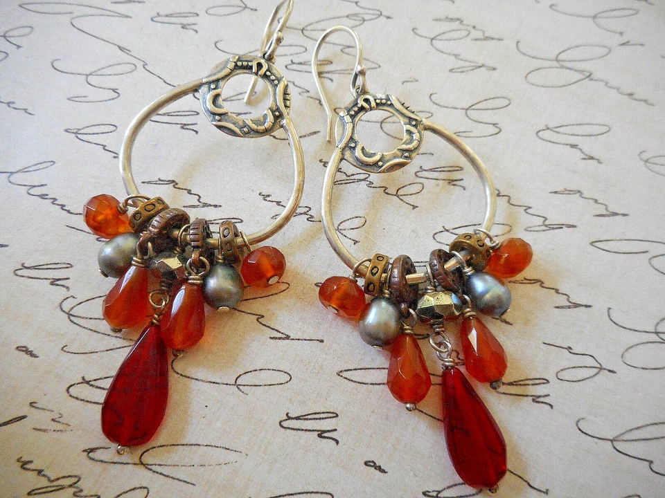 W2420 Sterling Copper Silpada Red Radiate Glass Pearl Pyrite Earrings RE39 - Image 2 of 4
