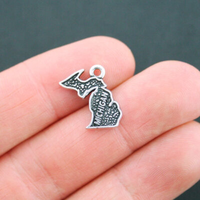 BULK 20 Michigan Charms Antique Silver Tone Michigan State Map Charm - SC5185