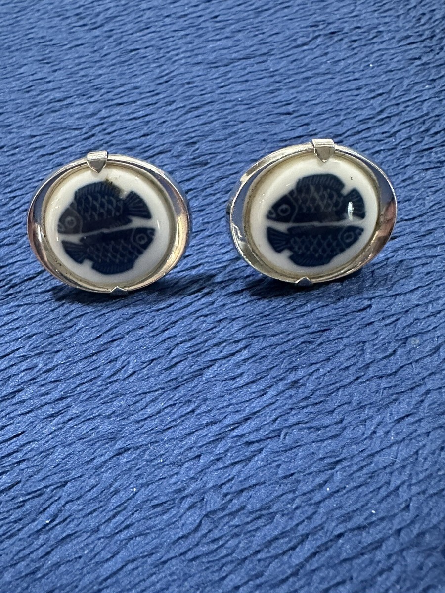 コペンハーゲン　ラウンド　チューリン Vtg Sterling 925 Round Royal Copenhagen Porcelain Double Fish Cuff