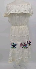 Vintage Mexican Gypsy Dress, Off Shoulder Kaftan Small Embroidered Peacocks