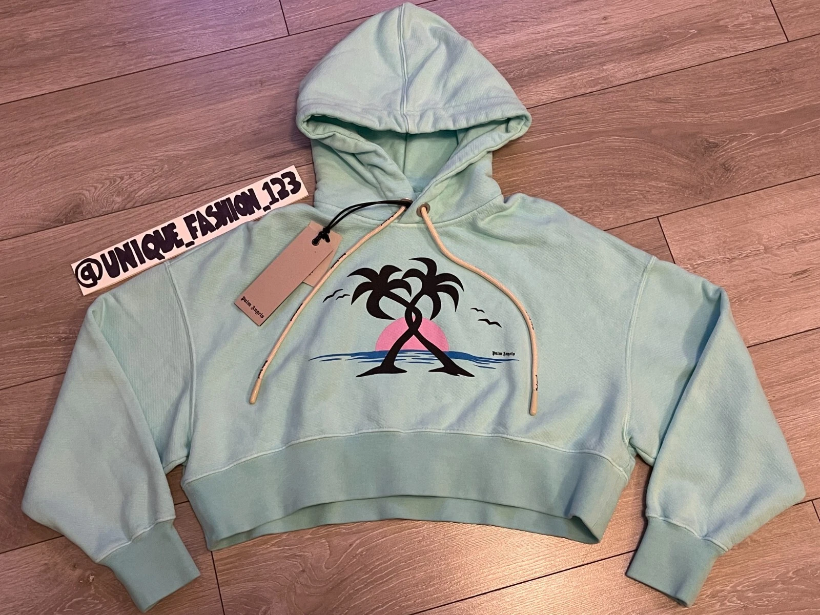 Felpa con cappuccio tagliata Palm Angels Hugging Palme S Seafoam nuova con etichette autentica £490 prezzo di ricambio